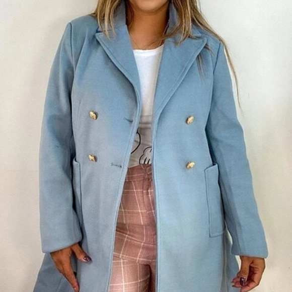 Double Breasted Lapel Collar Button Up pocketed Overcoat Blue - Picture 6 of 8